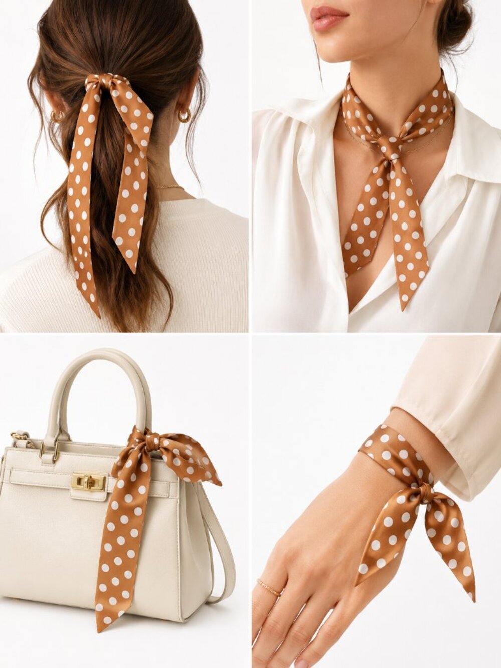 Caramel Polka Dot Satin Skinny Scarf Hair Bag Neck Accessory